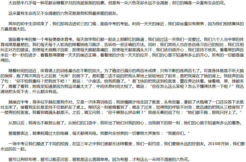 2020年中考滿分作文說(shuō)明文參考范文：一朵永不凋謝的六色花